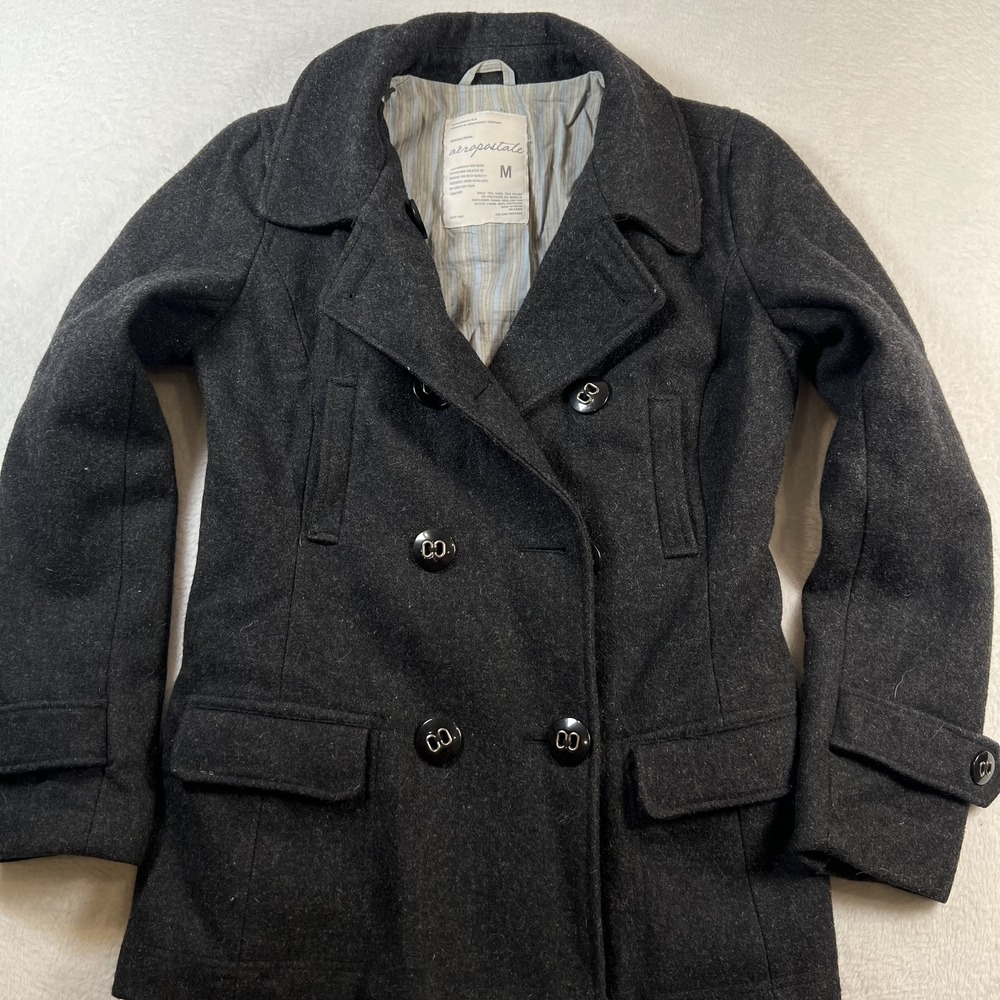 Aeropostale Pea Coat Womens Medium Gray Double Breasted Wool Blend Button Lined